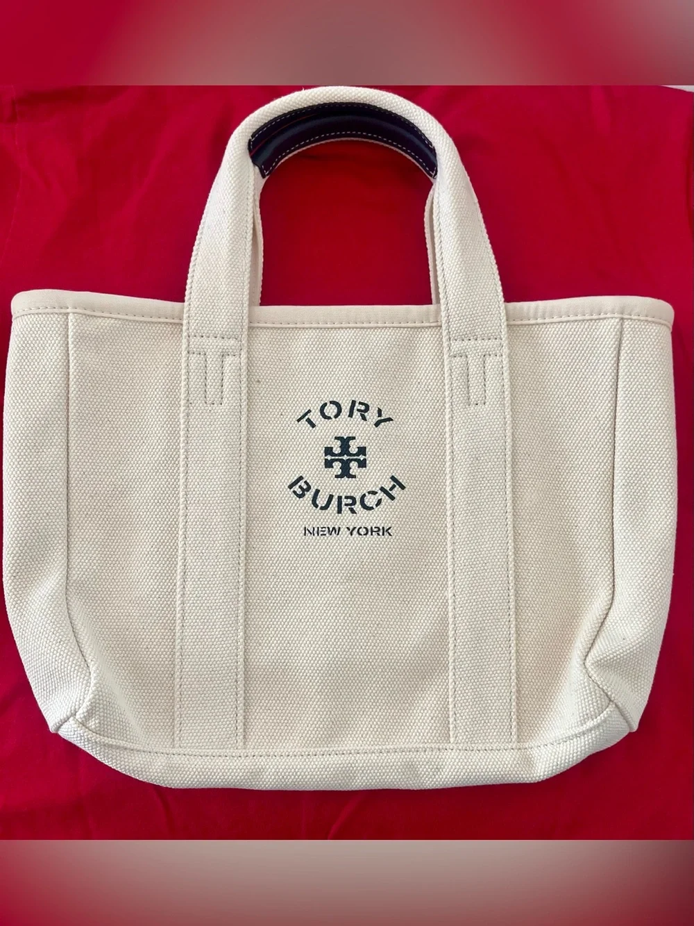 Tory Burch Cream Canvas Tote with Navy Logo